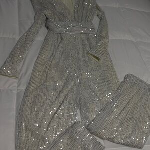 Sequin Deep V Jumpsuit - Silver